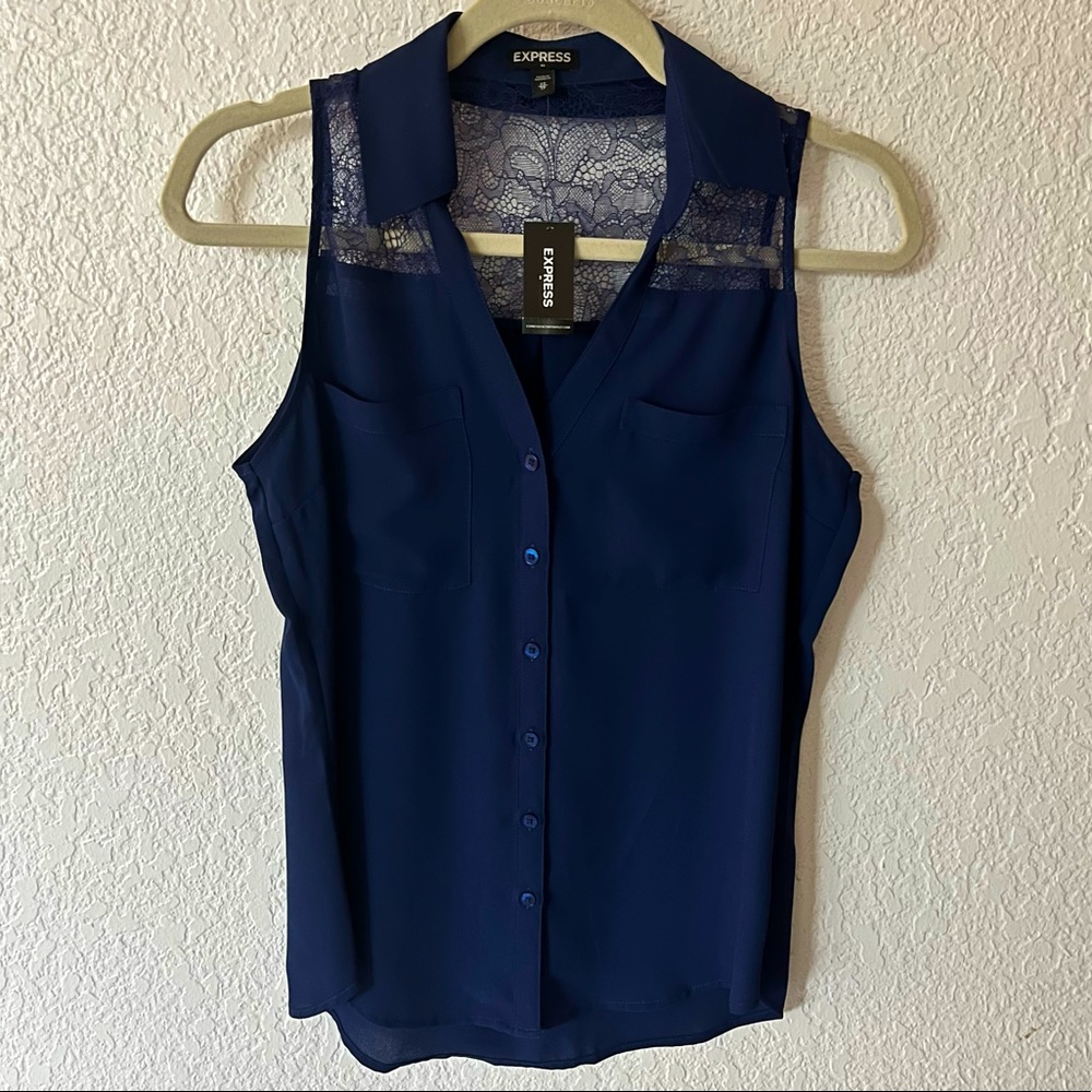 Express Navy Blue Lace Yoke Sleeveless Button-Down Shirt